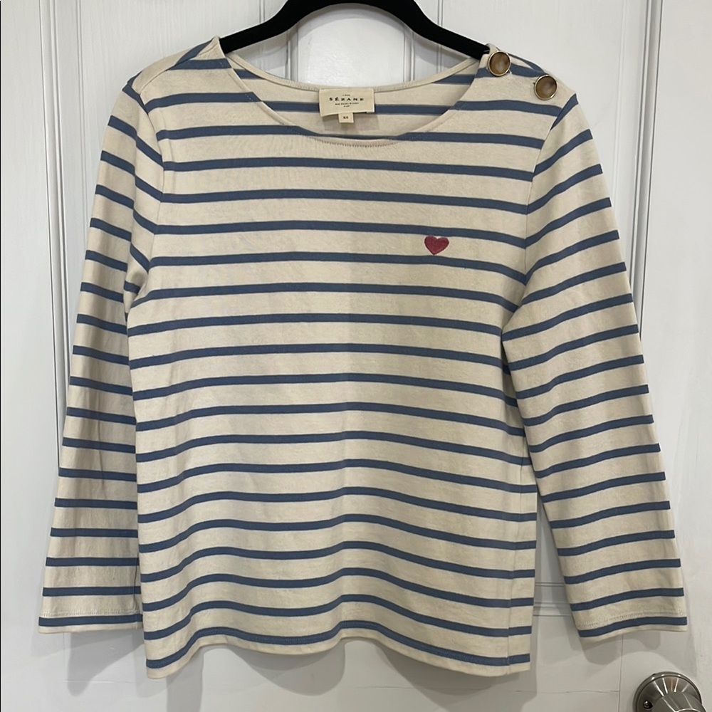 Sezane Striped Long Sleeve Top with Heart Detail